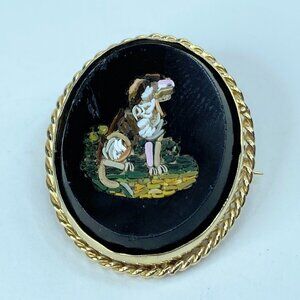 Antique Micro-mosaic 14k yellow gold rope bezel Dog Brooch 8g 30mm JR959